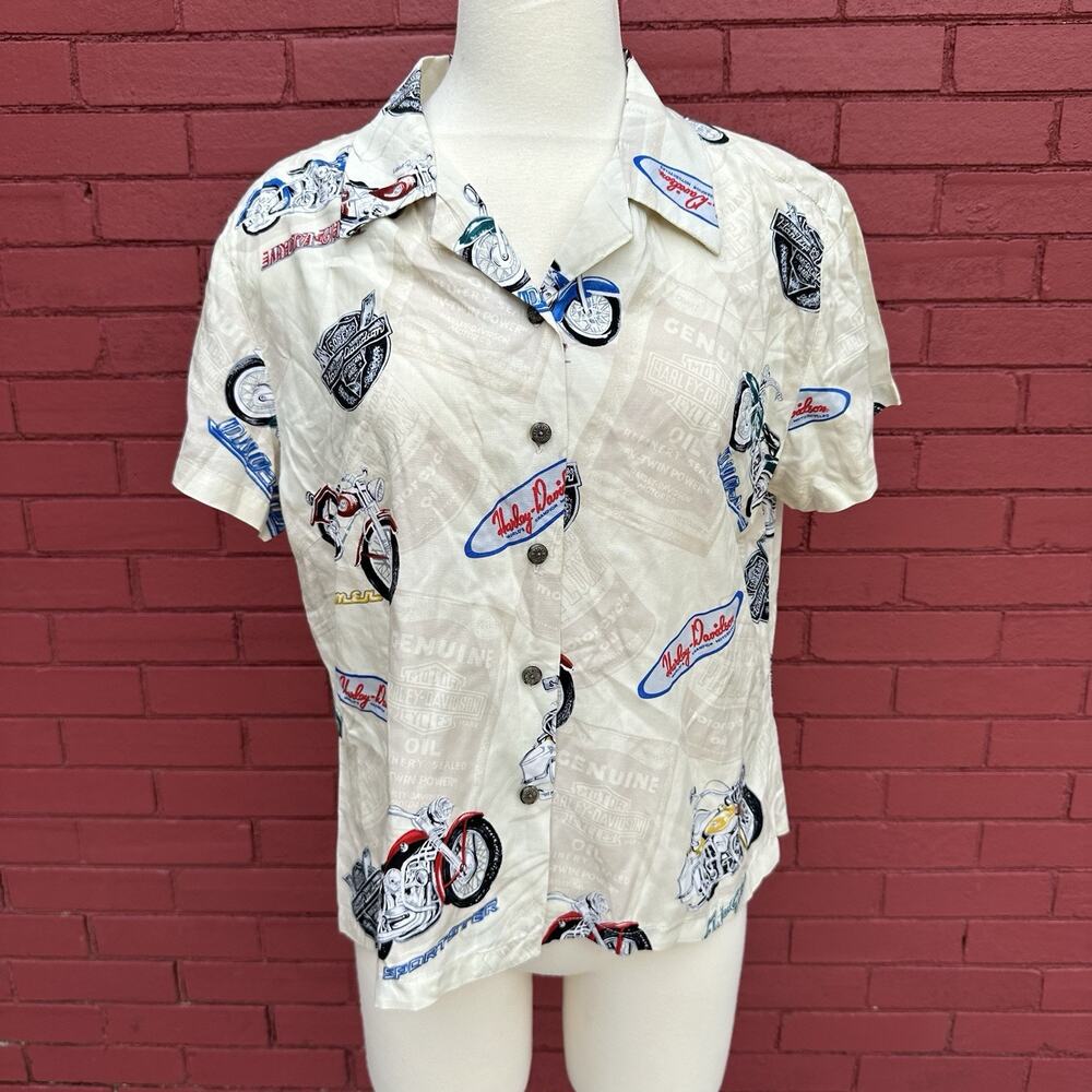 Vtg Harley Davidson Tori Richard Hawaiian Shirt Womens XL Motorcycle AOP USA